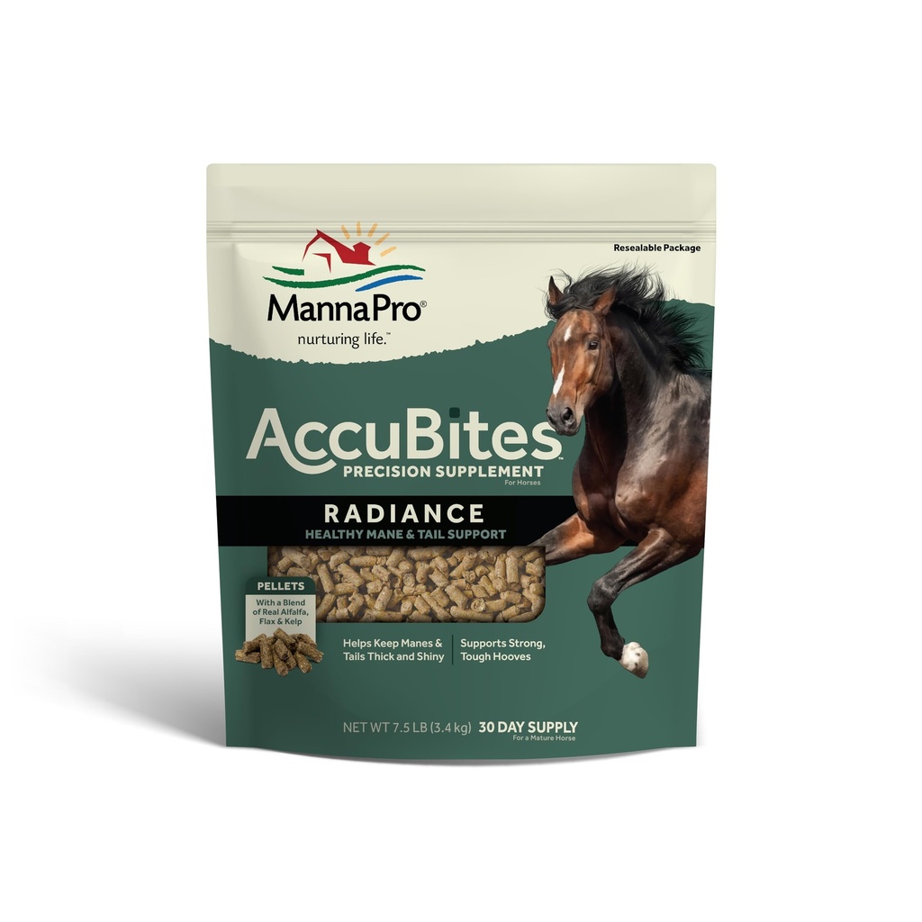 Manna Pro AccuBites Radiance Equine Supplement – Pele & Revestimento, Vitaminas Essenciais & Saúde de casco para cavalos – Embalado com Omega 3, 6, & Biotin – Main & Tail Manutenção – Alfalfa Flavored – 7,5 lbs