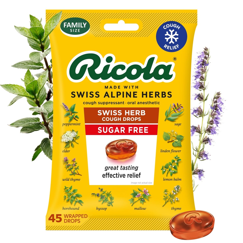 Ricola Sugar Free Suíço Herb Tosse Drops, 45 Contagem, Supressor de Tosse & Garganta Aliviando Drops com mentol naturalmente fonte, sabor agradável para tosse e irritação garganta alívio de sintomas