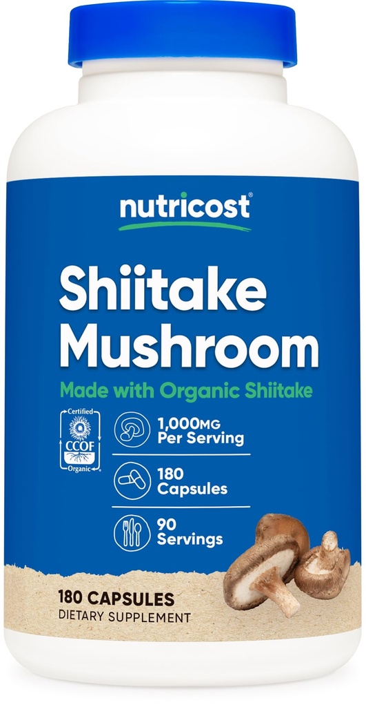 Nutricost Organic Shiitake Mushroom Cápsulas 1000mg, 90 Servings - CCOF Certified Made with Organic, Vegetarian, Gluten Free, 500mg Por Cápsula, 180 Cápsulas