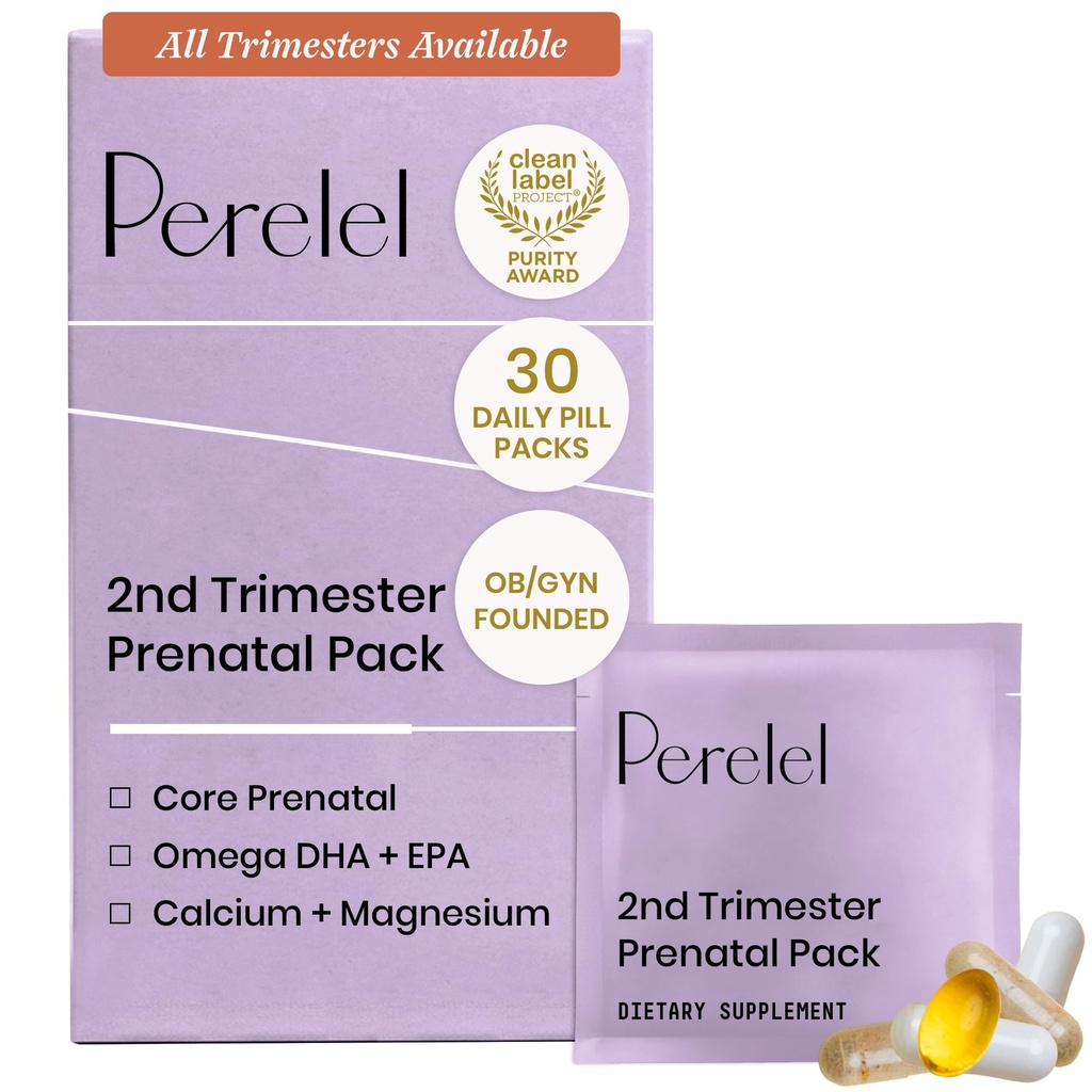 Perelel 2o Trimester Pacote pré-natal, multivitamina com magnésio, Omega 3, ferro e cálcio, suporte nutricional para o segundo Trimester Wellness, soja e glúten livre, não OGM, 30 pacotes diários de pílulas
