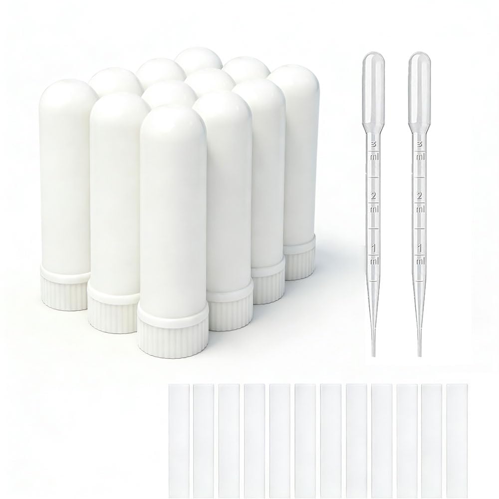 12 Conjuntos Óleo Essencial Aromaterapia Tubos Inalador Sticks Blank Nasal Inhalers(12 Complete Sticks) + 2 Polyetileno Pipette Droppers