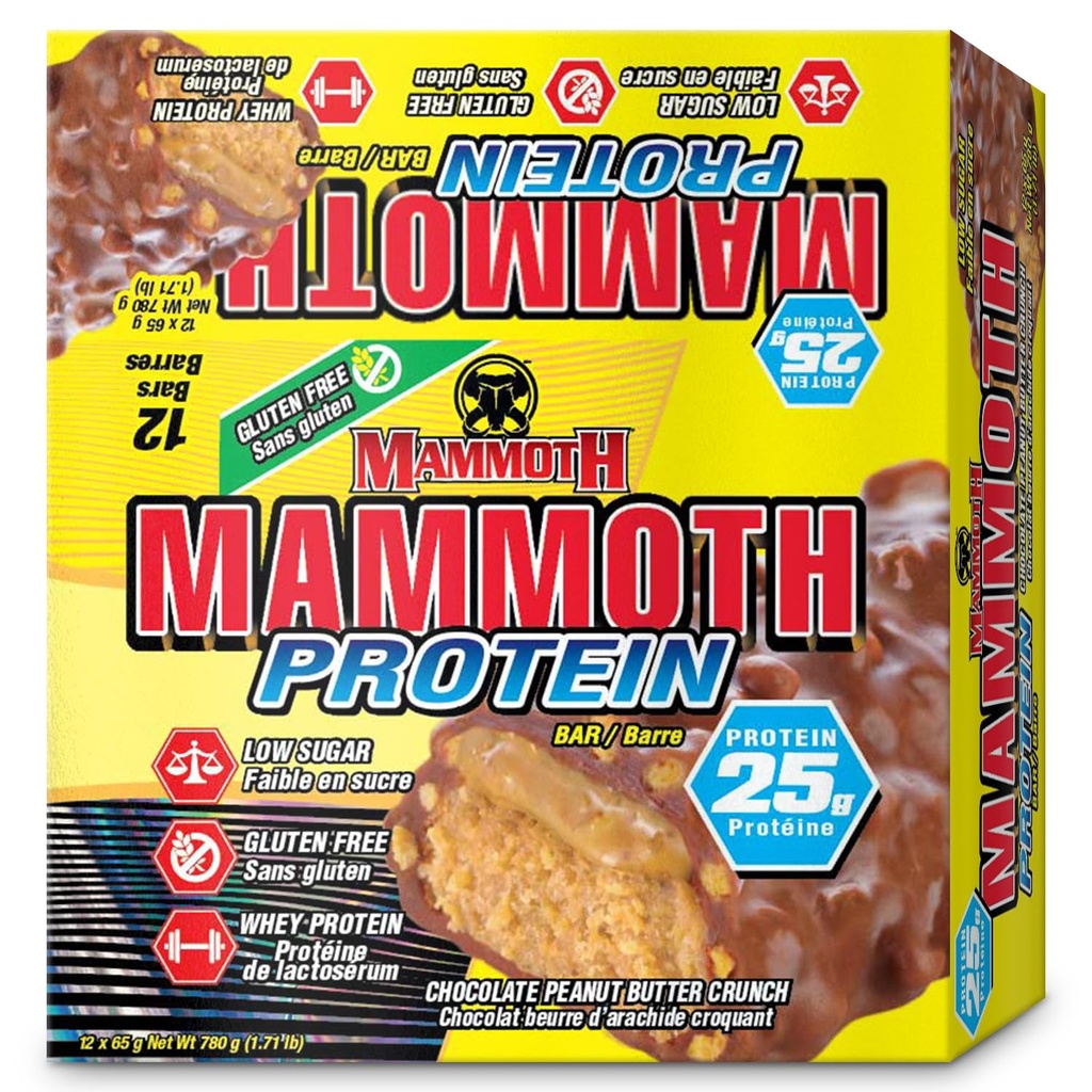 Barra de proteína de MAMOTH, Chocolate amendoim manteiga crunch, 25g de proteína, baixo açúcar, baixo carboidrato, sem glúten, 12 x 65g (12 contagem) (Chocolate amendoim manteiga crunch) (12 contagem, Chocolate amendoim manteiga crunch)