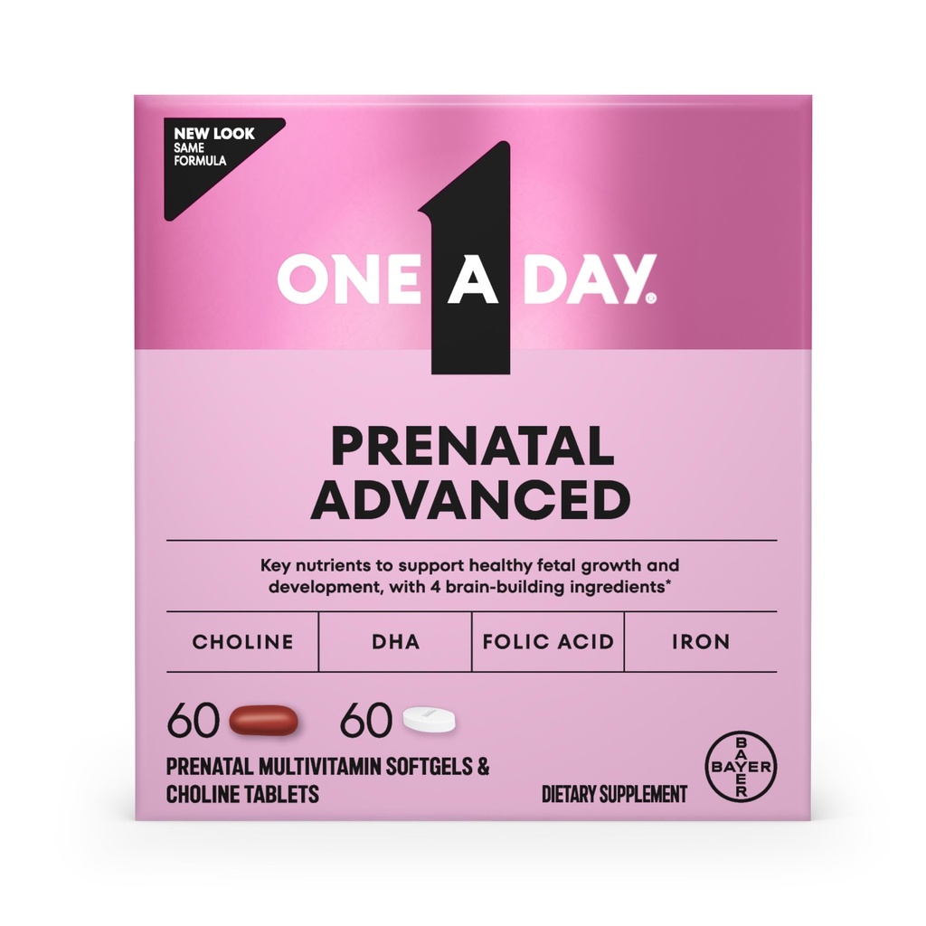 Um dia Vitaminas pré-natais avançadas pré-natais com ácido fólico, colina, DHA & ferro, gravidez Vitaminas para mulheres para apoiar o desenvolvimento do bebê, 60+60 Ct (120 conjunto total) (Pacote Maio Vary)