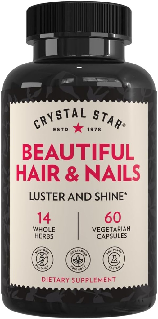 Crystal Star Beautiful Hair & Nail Supplement (60 Cápsulas) – Suplemento de ervas Suporta cabelos e unhas mais fortes – Cavalo, Nettle & Alfalfa – Não-GMO
