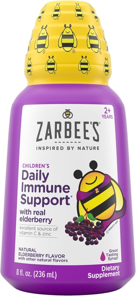 Xarope de elderberry de Zarbee para crianças, suporte imunológico diário com vitamina C & Zinco, Suplemento líquido para crianças, sabor de cereja natural, 8 fl oz