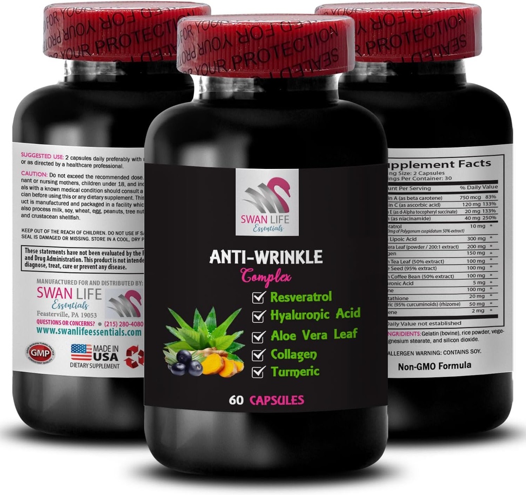 Suporte de ácido lipoico alfa - ANTI-WRINKLE COMPLEX - Benefícios de folhas de Aloe Vera, Impulso de colágeno, Extrato de folha de chá verde, Poder de semente de uva, Benefícios de grãos de café verde, Ácido hialurônico 1 garrafa 60 Caps