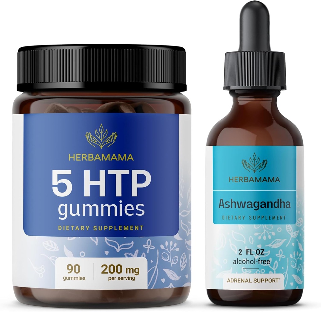 HERBAMAMA 5-HTP e Ashwagandha Kit - pacote de 200 mg 5-Hydroxytryptophan Gummies & Ashwagandha Liquid Drops 2 fl oz - Vegan, Não-GMO, Álcool & Gelatina-Free - 2 Pack