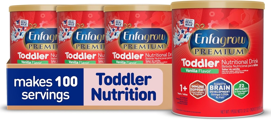 Enfagrow Premium Toddler Nutricional Bebida, Vanilla Flavor, Omega-3 DHA para suporte ao cérebro, Prebióticos e vitaminas para a saúde imunológica, Powder Can, 32 Oz, pacote de 4