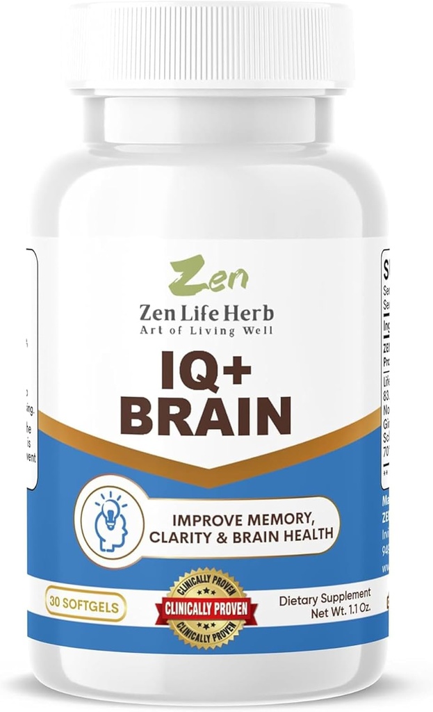 ZEN LIFE HERB IQ+ Cérebro - Livre de cafeína, Clinicamente Testado Foco, Concentração, Memória e Energia, Suplemento de ervas com base em plantas naturais, Sem adição de vitaminas / minerais / cogumelos / açúcar (30 Softgels)
