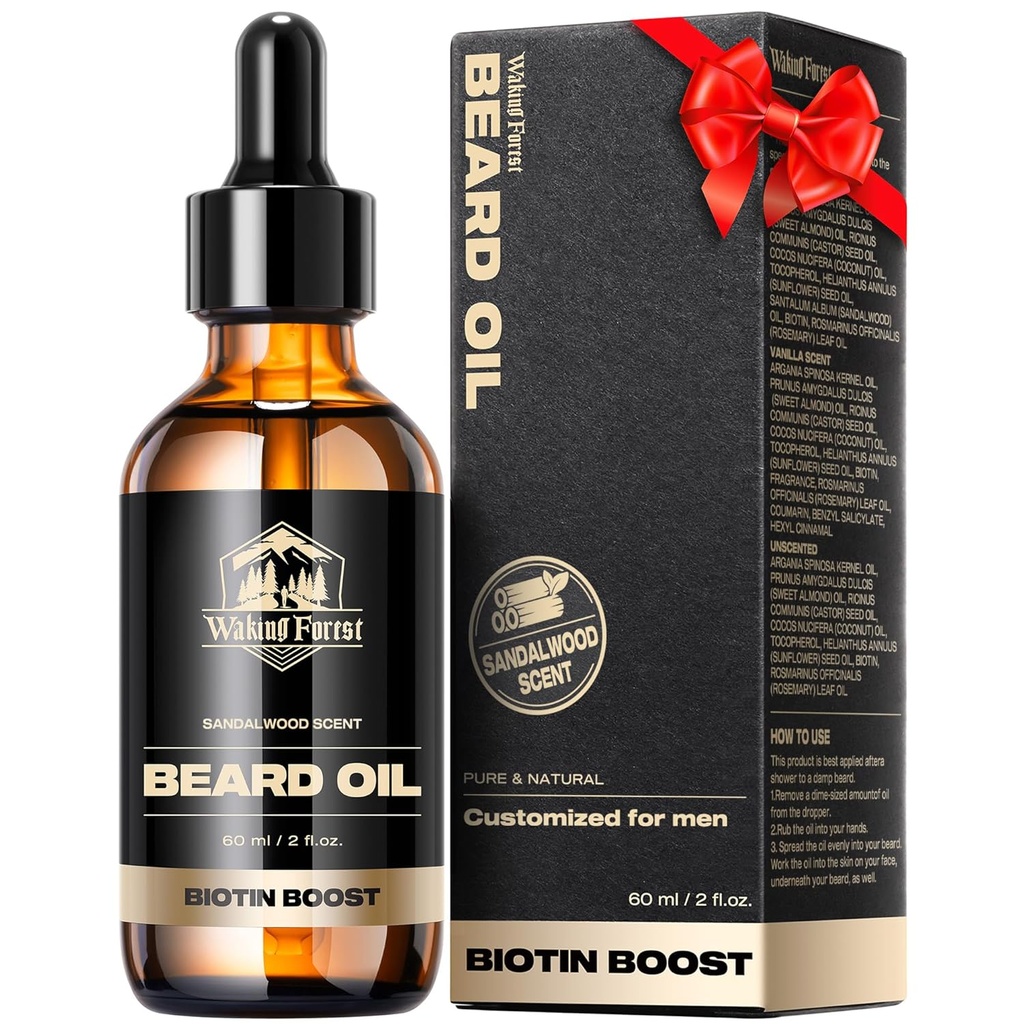 Waking Forest Beard Growth Oil - Biotin Sandalwood Oil com vitamina E, Rosemary & Castor para barbas mais espessas, mais macias e mais fortes (2 onças)