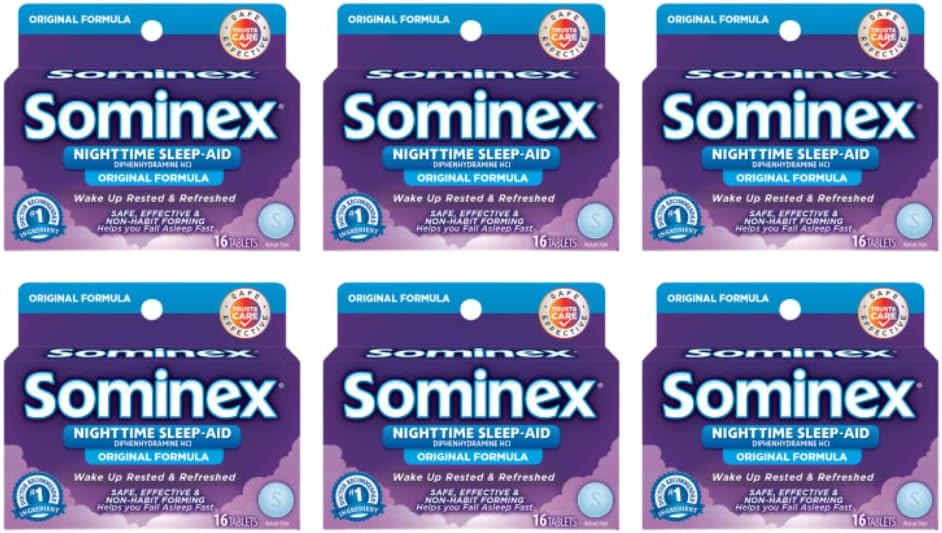 Sominex Nighttime Sleep-Aid com Difenidramina HCl 25 mg, Fórmula Original, 16 Comprimidos, (Pacote de 6)