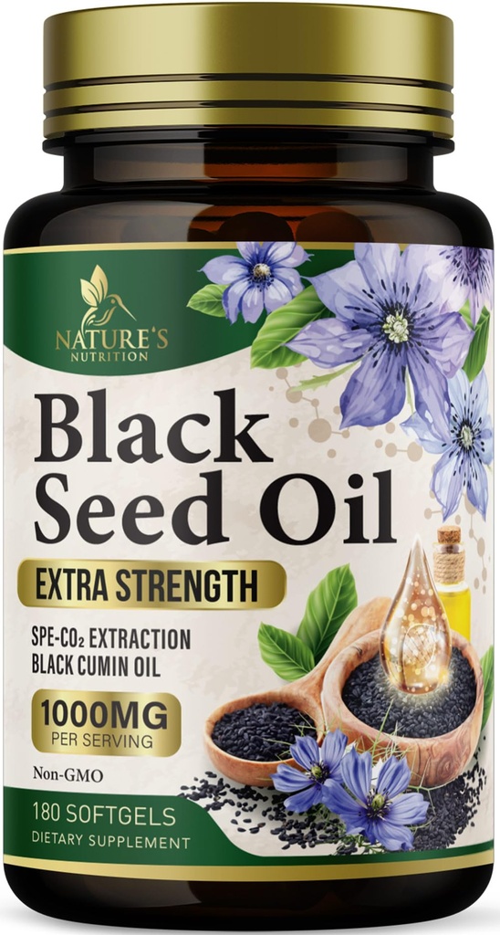Black Seed Oil Softgels 1000mg - Premium Nigella Sativa Blackseed, Puro Óleo de Sementes de Cominho Preto & Antioxidante para a pele e o suporte imunológico - Não OGM, engarrafado em USA Suplemento - 180 Softgels