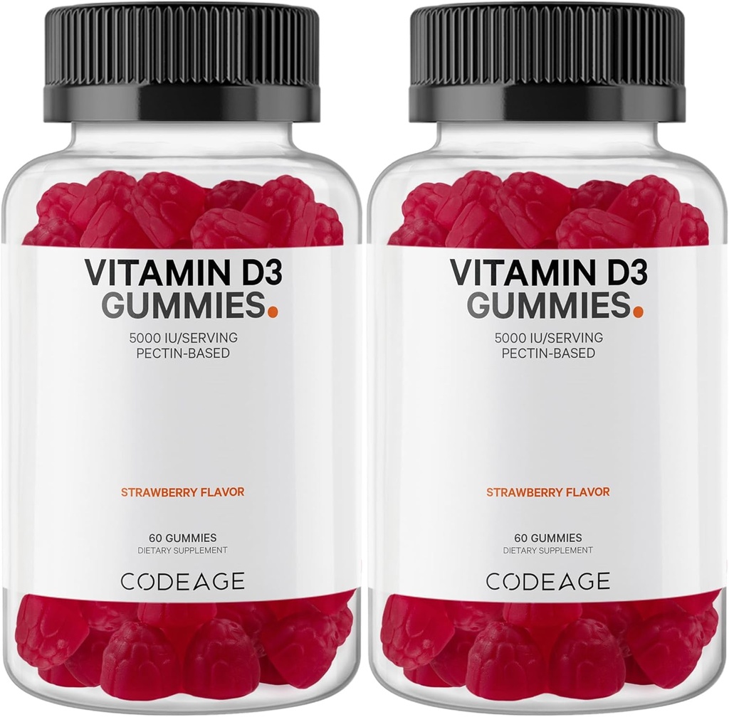 Codeage Vitamina D3 Gummy Vitaminas, Vitamina D3 5000 UI Gummies Cholecalciferol 125 mcg, Soft Pectin-Based, Animal Gelatin-Free Gummy, Gummies Vitaminas, Saboroso Morango, Não-GMO - 2-Pack