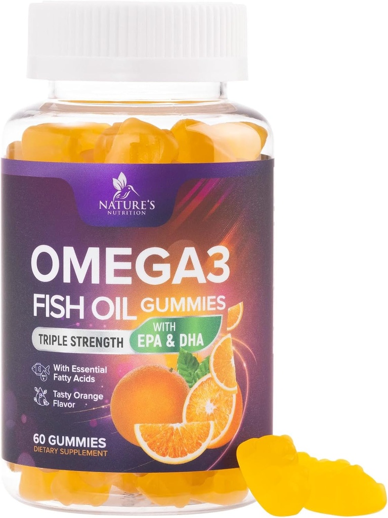 Omega 3 pastilhas de óleo de peixe - Apoio à saúde do coração Omega 3 Suplemento Gummy para adultos e crianças com alta absorção DHA e EPA, articulação e suporte cerebral, delicioso sabor laranja óleo de peixe vitaminas, 60 pastilhas