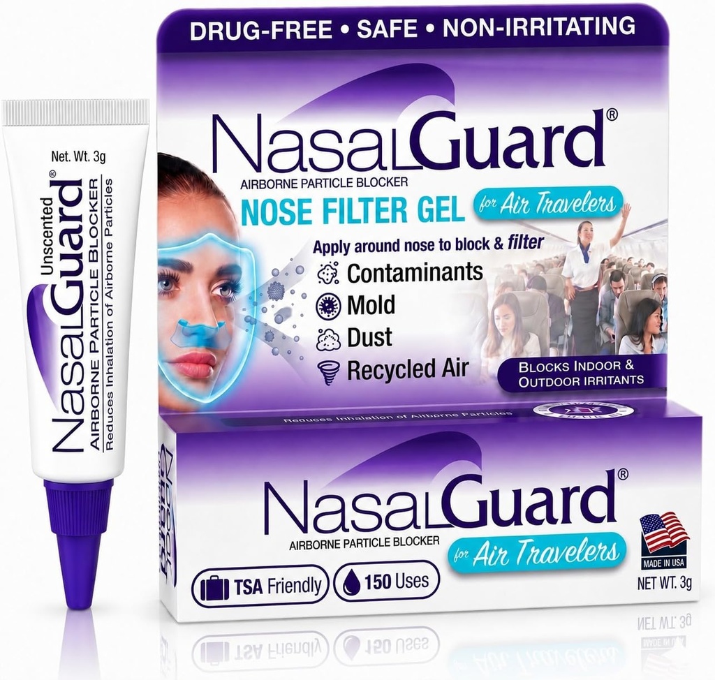 Bloqueador de partículas de transporte aéreo Gel nasal para viajantes aéreos - Drug-Free, Non-irritating, Non-drowsy, Aprovado de viagem de avião (Unscented) - Mais de 150 Aplicações por tubo (0.1 oz, Pack of 1)