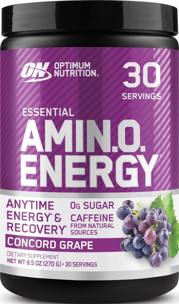 Optimum Nutrition Amino Energy - Pré-treino com chá verde, BCAA, Aminoácidos, Keto Friendly, Extrato de café verde, Energia em pó - Concord Grape, 30 Servings
