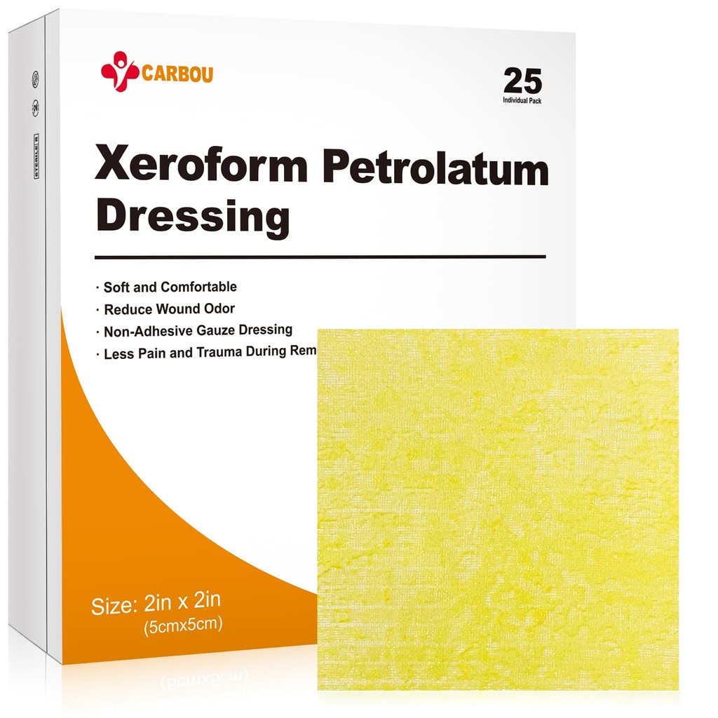 Carbou Medical Xeroform Petrolatum Dressing 2"x2", 25 Pacotes individuais, Pás de gaze não aderentes, Soft Fine Mesh Gauze Patch para cuidados de feridas, queimaduras, lacerações, enxertos de pele e incisões cirúrgicas