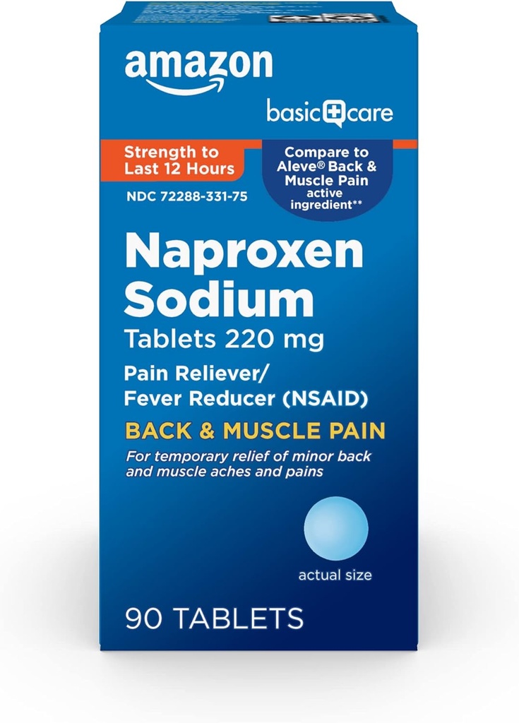 Cuidados básicos Dor nas costas e nos músculos, 220 mg, 12 horas de alívio da dor, Naproxeno comprimidos de sódio, alívio da dor e redução da febre, 90 contagem
