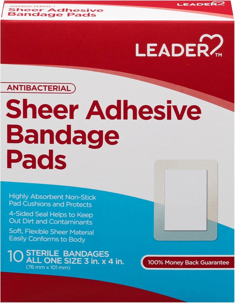 LEADER Blocos de bandagem adesivos, embalagens de blendes com pele, Altamente Absorvente Não-Stick Pad, para primeiros socorros e proteção contra feridas, Compare com Band-Aid, Tudo um Tamanho 3/4" x 4", 100 ct.