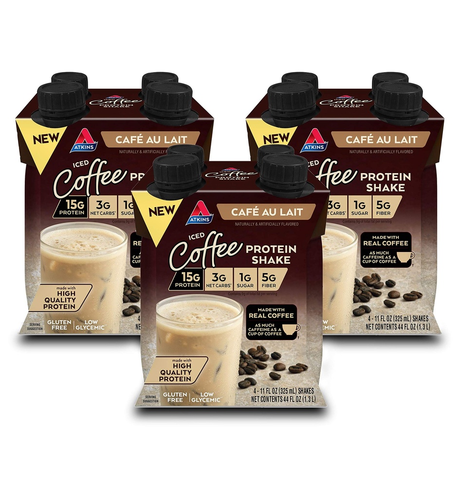Atkins Café au Lait Iced Coffee Flavored Protein Shake, High Protein Shake, Baixo açúcar, Baixo carboidrato e baixo açúcar, Keto Friendly, Gluten Free, 12 Contagem