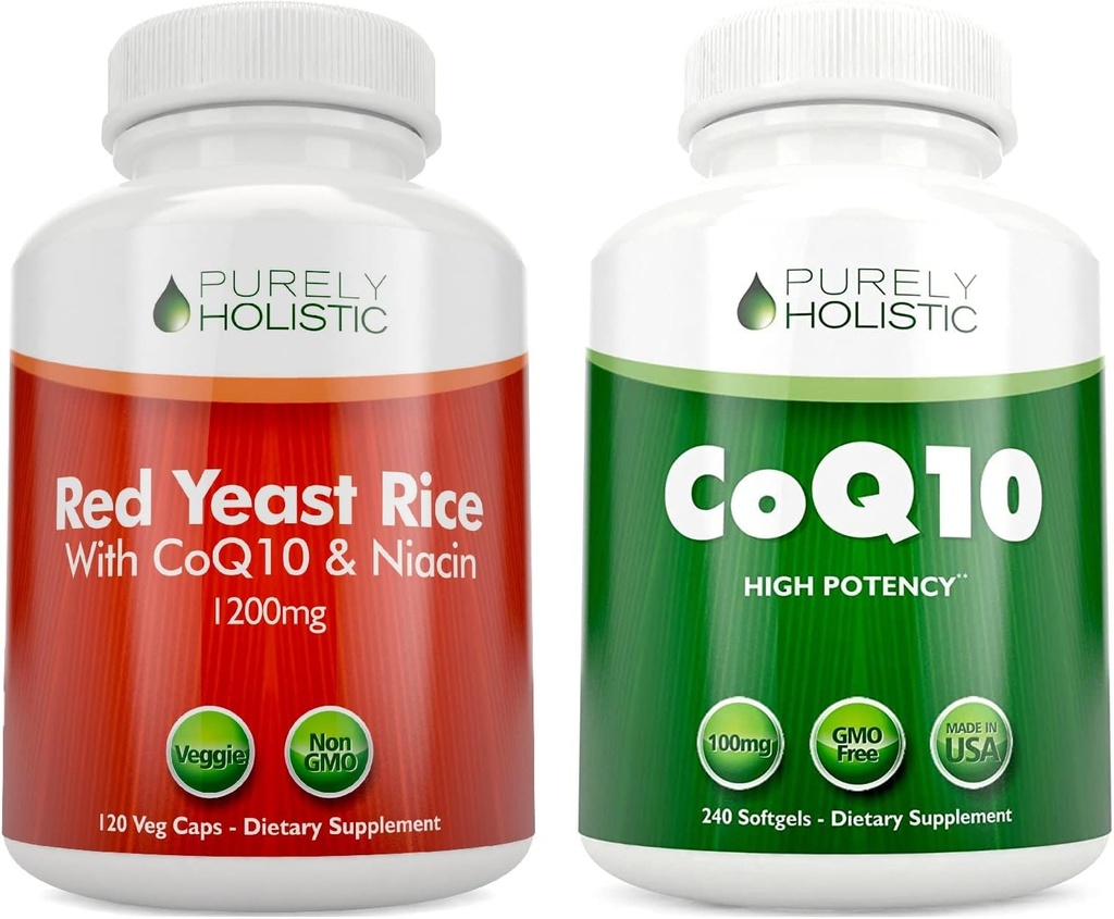 Puramente Holístico Vermelho Levedura Arroz 1200mg & Niacin + CoQ10 100mg - 120 Cápsulas & 240 Softgels Bundle - Made in USA