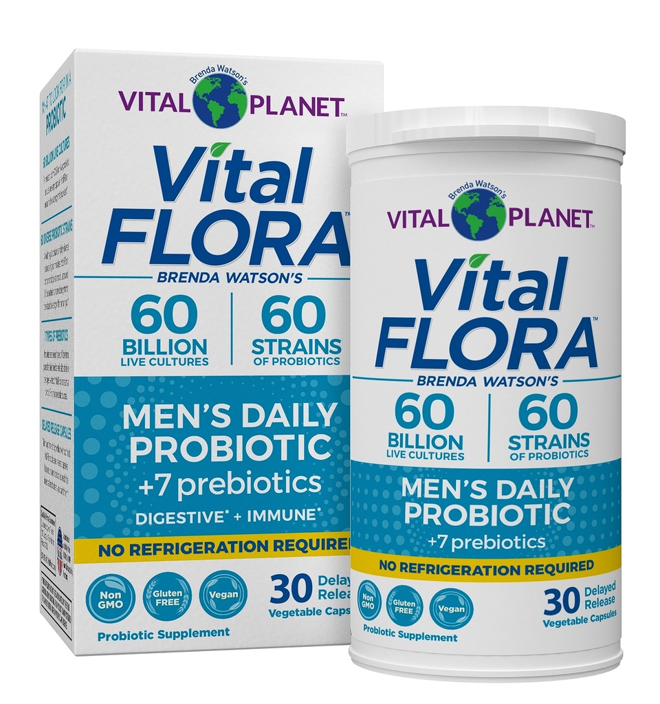 Planeta Vital - Flora Vital Probióticos para Homens, 60 bilhões de UFC, 60 Strains Diversos, 7 Prebióticos Orgânicos, prateleira diária masculina Probiótico estável para apoio imunológico, alívio de gás, saúde digestiva 30 Cápsulas