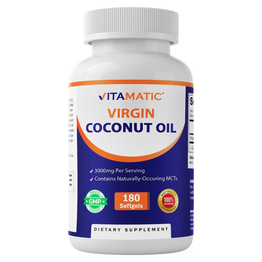 Vitamatic Virgin Coconut Oil Softgels, 3000 mg por serviço, 60 Servings, 180 Count, Non-GMO, Gluten Free