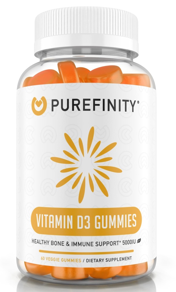 PUREFINITY Vitamina D3 5000 gummies iu – seu suplemento diário de vitamina D para a saúde óssea, saúde imunitária, e apoio muscular conjunto para adultos e crianças – sem glúten, não-GMO – 60 chicletes vegetarianos