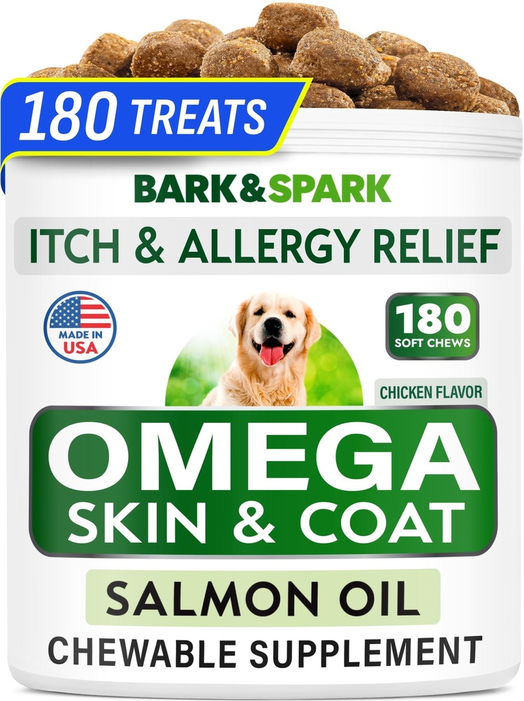 BARK & SPARK Omega 3 para cães - 180 Fish Oil Treats para pastoreio de cães, mastigação de alergia da pele, alívio de comichão, tratamento de pontos quentes - Saúde comum - Suplemento de pele e casaco - EPA & DHA ácidos gordos - óleo de salmão