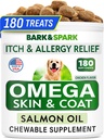 BARK & SPARK Omega 3 para cães - 180 Fish Oil Treats para pastoreio de cães, mastigação de alergia da pele, alívio de comichão, tratamento de pontos quentes - Saúde comum - Suplemento de pele e casaco - EPA & DHA ácidos gordos - óleo de salmão