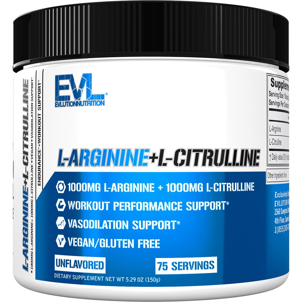 Evlution Nutrition L-Arginina + L-Citrulina - Endurance + Treino Performance Supplement - 2000mg Complexo - Vasodilatação + Óxido nítrico Suporte - Vegan + Pó sem glúten - 75 Servings