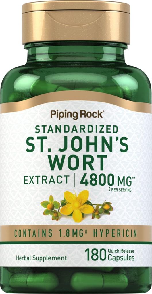 Piping Rock St. John's Wort Cápsulas □ 4800 mg • 180 comprimidos □ Extrair Suplemento para Mulheres e Homens