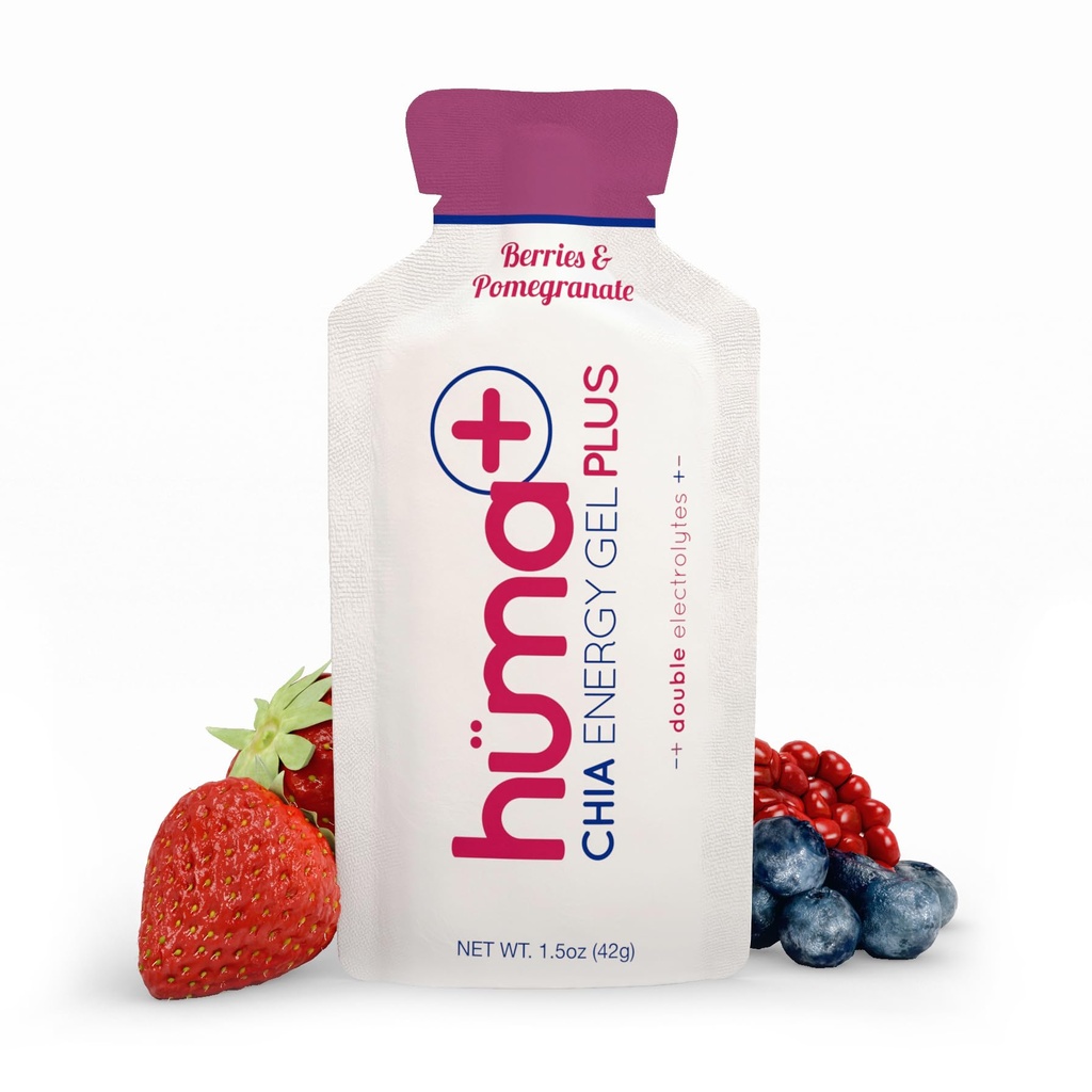 Huma Plus (Eletrólitos Duplos) - Chia Energy Gel, Berries & Romã, 12 Gels - Estômago amigável, Geles de Energia de Comida Real