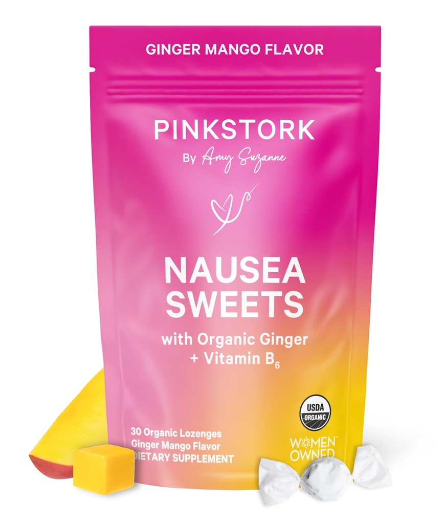 Doces de manga orgânica de cegonha rosa com vitamina B6 para doença matinal e motion, Adicionado Ginger & Vitamina B6, 1a gravidez Trimester deve ter - 30 doces embrulhados