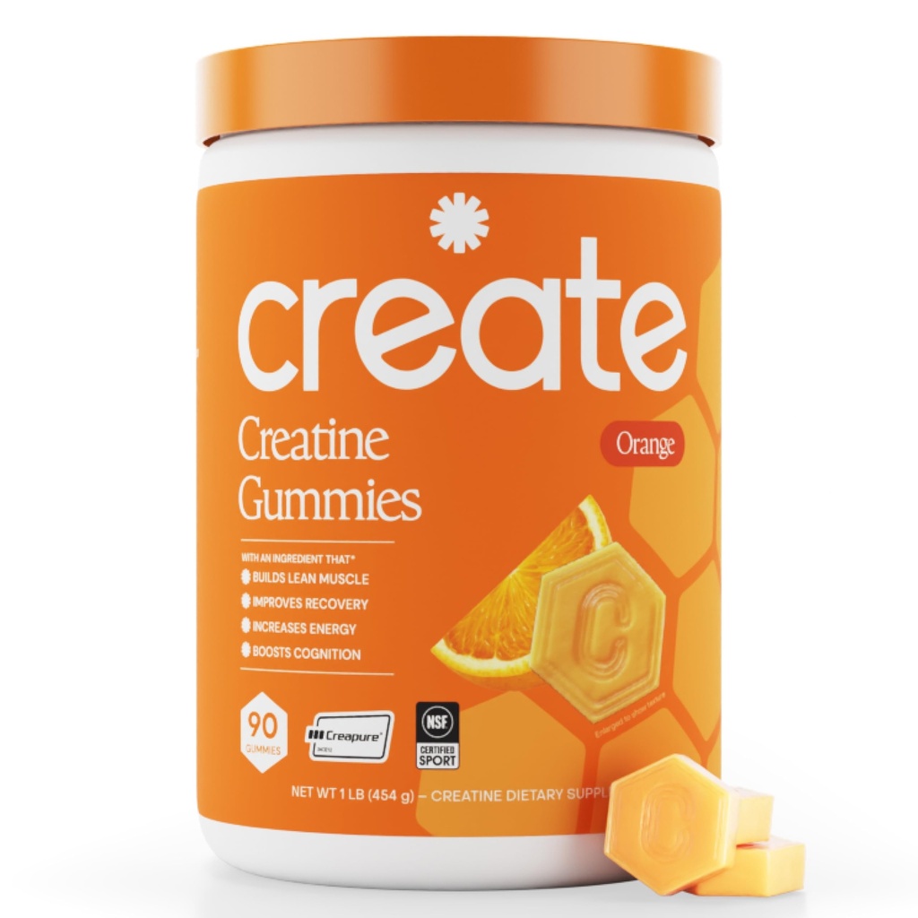 Criar Creatina Mono-hidratado Gummies para homens e mulheres, aumentar o foco, força, e resistência, fórmula anti-melting, Vegan, Sem glúten, Não-GMO, 1.5g de Creatina por Gummy (Orange, 90 ct)