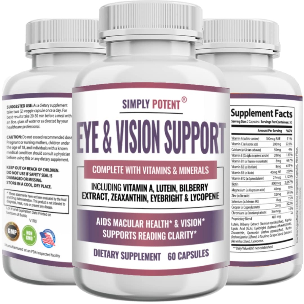 Lutein & Zeaxanthin Suplementos de saúde ocular para adultos, Natural Eye & Vision Formula w/Vitamin A, Lutein, Zeaxanthin, Bilberry Extract, Eyebright & Lycopene para Retina & Lens 60 Caps