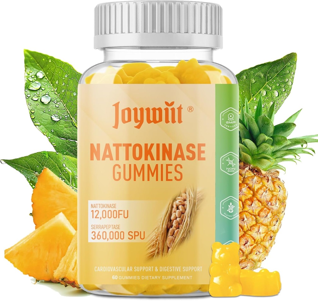 Nattokinase Gummies 12.000 FU, Serrapeptase Gummies 360,000 SPU Enzima Suplemento com Bromelain Papain & Inulin para Circulatory, Gut, Digestion Support, Vegan, Non GMO, 60 Condes