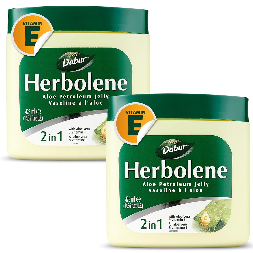 Dabur Herbolene Aloe Vera Gel Petroleum Jelly - Melhorado com Vitamina E para Hidratação de Pele Profunda e Intensiva - Gentil em Pele Sensível - Nutrição de Bliss e Hidratação Durada - 425 ML (Pacote de 2)