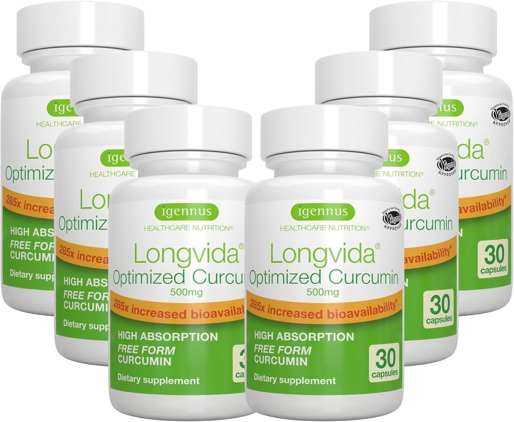 Igennus Longvida Lipidated Curcumin 500mg, Ultra Biodisponível & Ação Mantida, 65x Níveis de Plasma mais elevados, Suporte Intensivo, Curcumina Forma Livre, Vegan, 180 Cápsulas