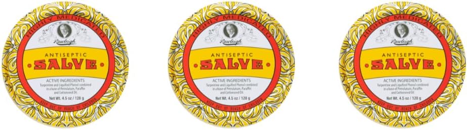 Rawleigh Antisséptico Salva Icônico Estanho Amarelo Big: 4,5 onças, Multi-Purpose Pomada Acalma Cortes, Contusões, Irritações, com Turpentina, Fenol, Óleo de Algodão & Parafina, Fórmula Original - Pacote de 3
