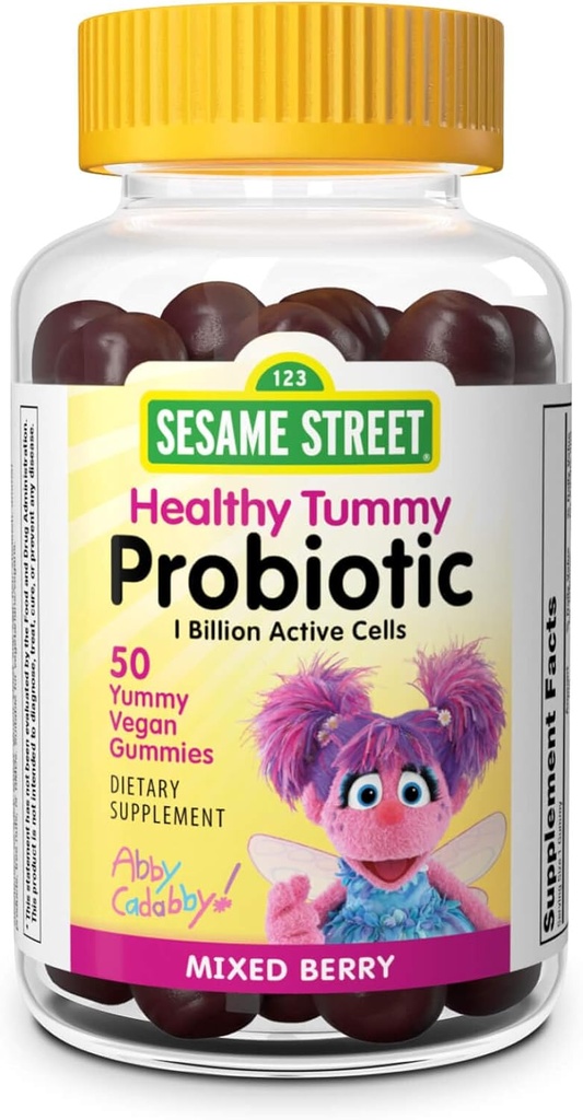 Webber Naturals Sesame Street Healthy Tummy Probióticos para Crianças, 1 bilhão de células ativas por chiclete, 50 chicletes, para a saúde digestiva, Livre de glúten, Dairy, Amendoim & Gelatina, Vegan