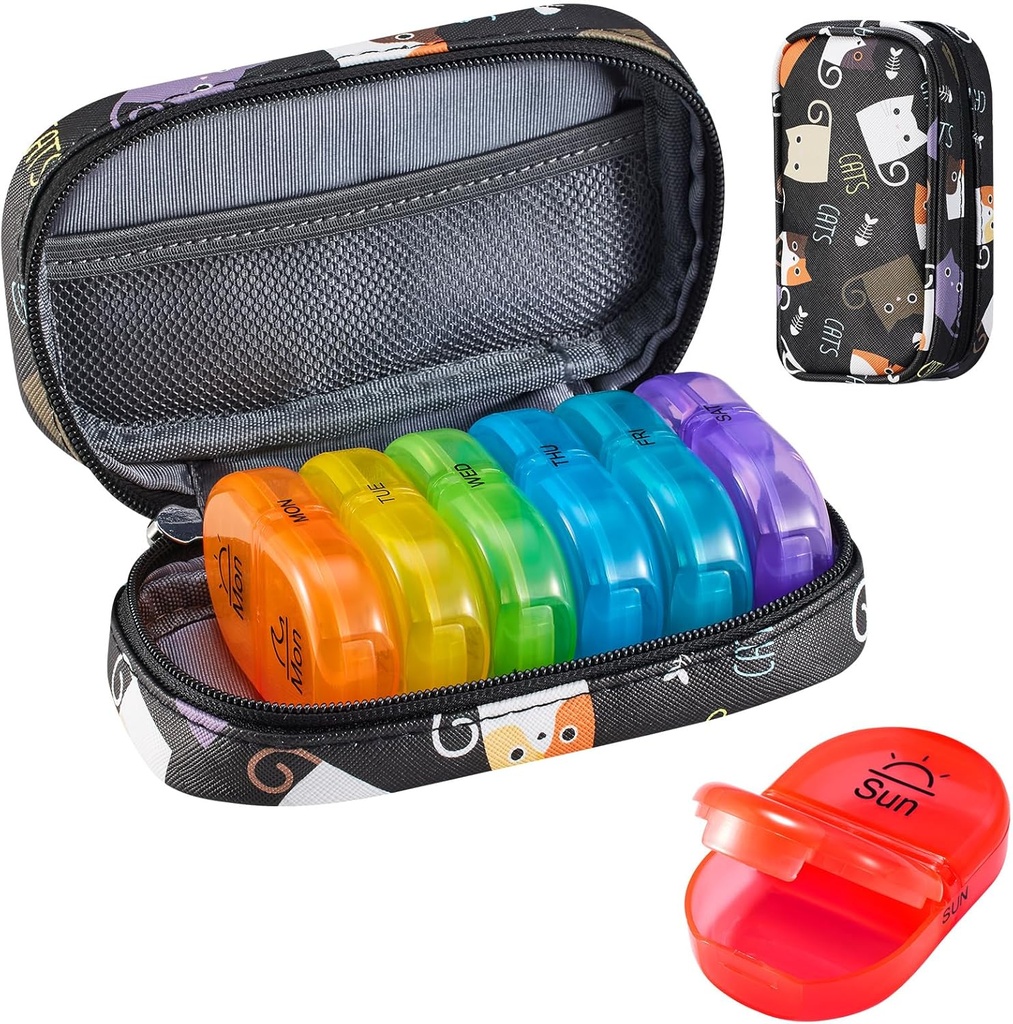 Serfeymi Organizador de pílulas de viagem semanal 2 vezes um dia AM PM atualizado Rainbow Pill Box 7 dia com Zipper portátil PU Caixa de pílulas de couro, Medicina Organizador de pílulas, vitaminas, óleo de peixe - Preto 02