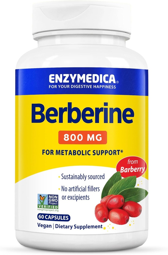 Enzimedica Berberine 800 mg – Cápsulas Vegan para Apoio Metabólico – de Barberry Fonte Sustentável – Não-GMO, Sem glúten, Sem preenchimentos ou Excipientes – 60 Cápsulas