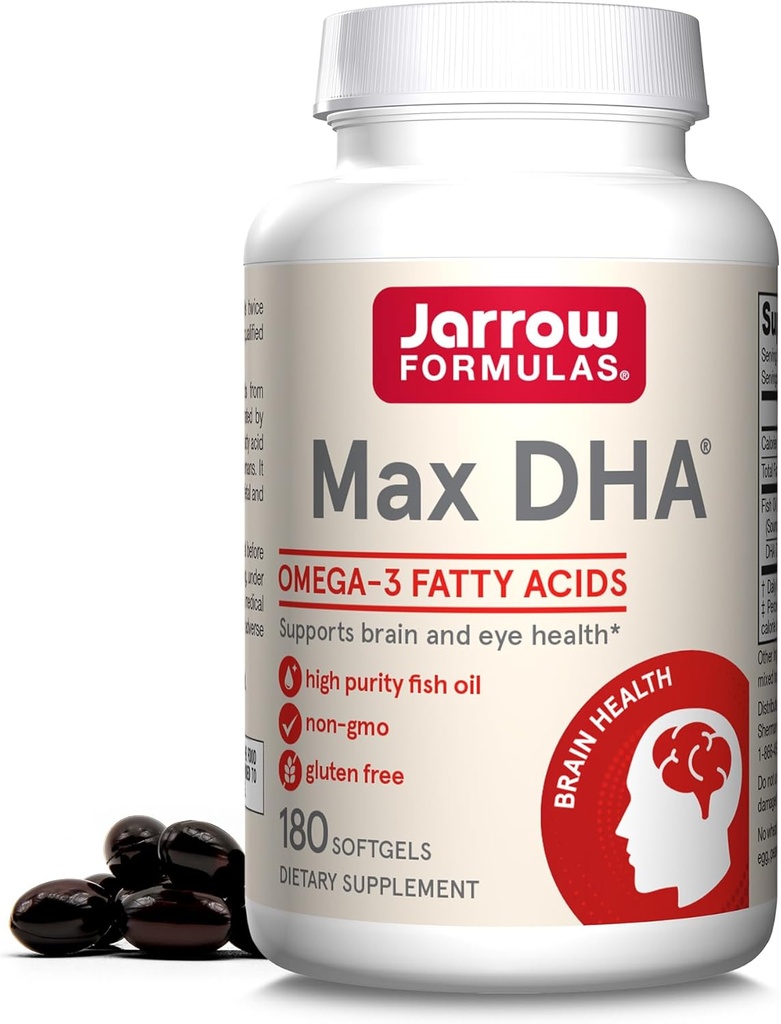 Fórmulas Jarrow MaxDHA - 180 Softgels - Óleo de peixe de alta pureza - Suplementos Suporta saúde do cérebro e olho - Concentrado em ácidos gordos Omega-3 e Enriquecido em DHA - 90 Servings