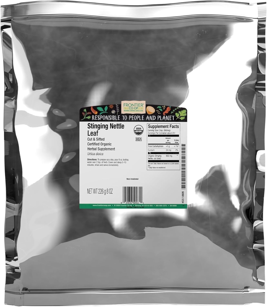 Frontier Co-op Organic Stinging Nettle Leaf, 1lb saco em massa, corte e peneirado - Ideal para fazer chá em lata, Kosher certificado