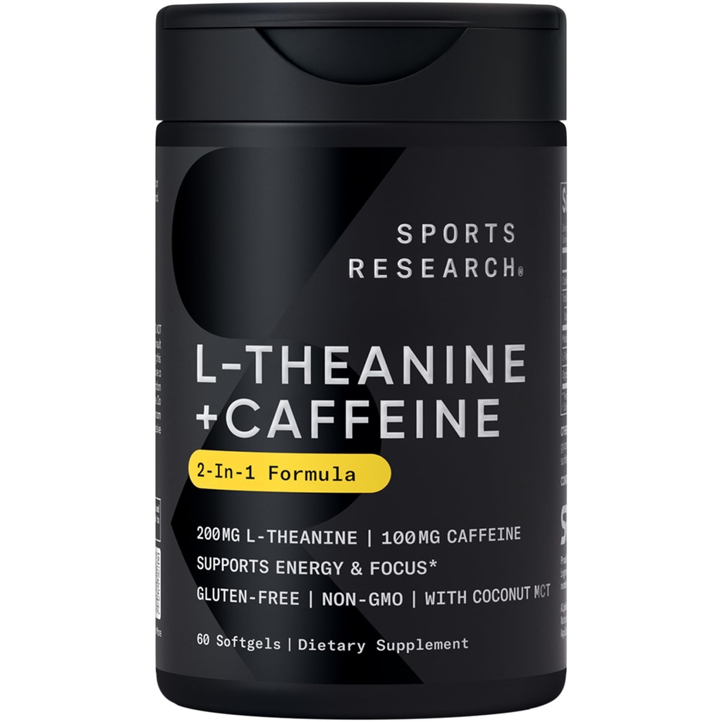 Sports Research L-Theanina Supplement with Caffeine & Coconut MCT Oil - Energia Focada, Alerta & Relaxação Sem Drowsiness - 200mg L Theanina, 100mg Cafeína Orgânica - 60 Liquid Softgels