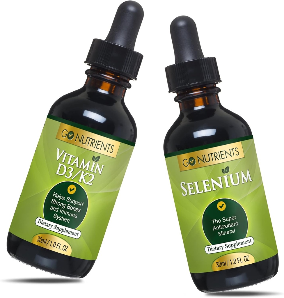 Go Nutrients Líquido Vitamina D3 com K2 (MK-7) gotas 1oz & Selenium 200 mcg Suplemento 1,0 oz ou vitamina D3 e K2
