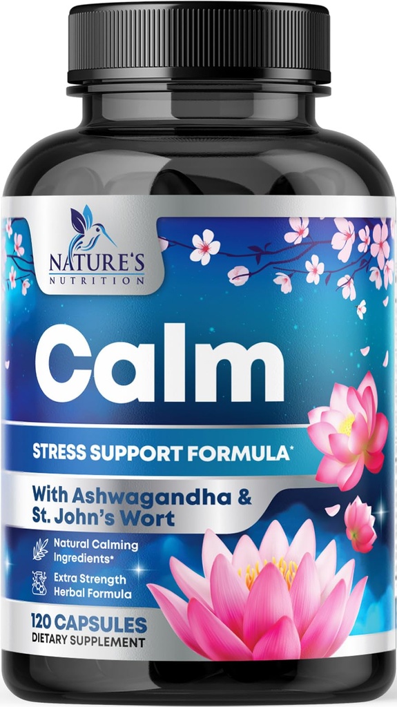 Natural Calm, Deswind & Relax Support - Ashwagandha, GABA, Magnésio, L-Theanina & Mais - Natural Focus, Energia & Imune Support - Nature's Non-GMO, Vegan, Gluten Free, Bottled in USA - 120 Cápsulas