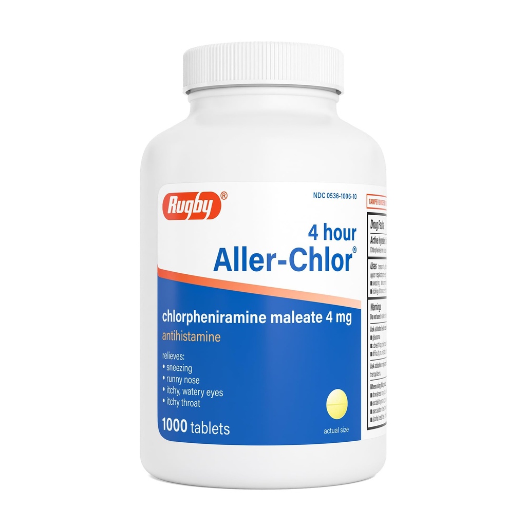 Alercloro de 4 horas de rugby - Maleato de clorfeniramina 4 mg - Anti-histamínico - 1000 comprimidos (1 embalagem)