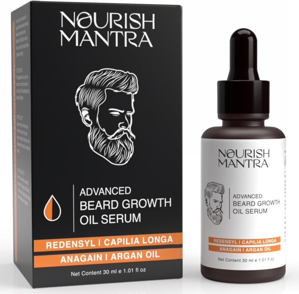 MANTRA NOURISH - Serum de óleo de crescimento de barba avançada □ Feita com Redensyl, Capilia Longa, Óleo de Argan, Vitamina E e óleo de Jojoba para o crescimento de barba mais completa, mais espessa e saudável